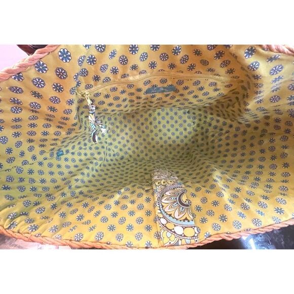 Vera Bradley Peacock Floral Straw Wicker Fabric Tote Bag Blue Green Large - Picture 9 of 11